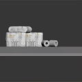Display Platform With Transparent Wrapped Cubes Scrolls Warning Stripes And Blueprints