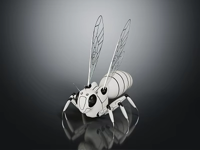 Mechanical Bee 3D Character Model With White Black Body Transparent Wings And Large Eyes 3d model