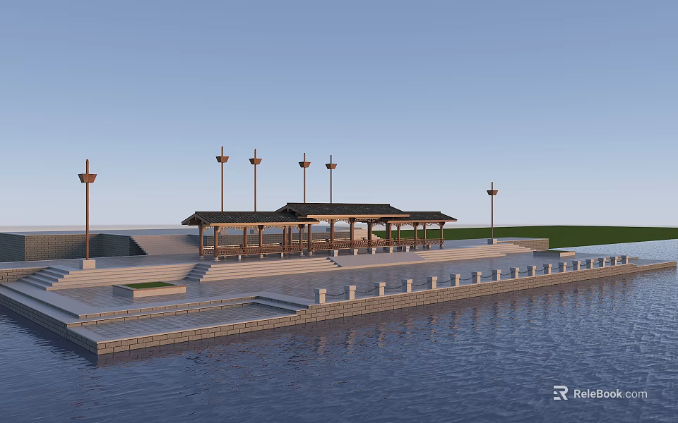 Waterfront Pavilion with Wooden Roof Stone Steps and Lampposts Near Calm Water 3d model 
