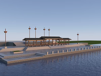 Waterfront Pavilion with Wooden Roof Stone Steps and Lampposts Near Calm Water 3d model