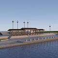 Waterfront Pavilion with Wooden Roof Stone Steps and Lampposts Near Calm Water