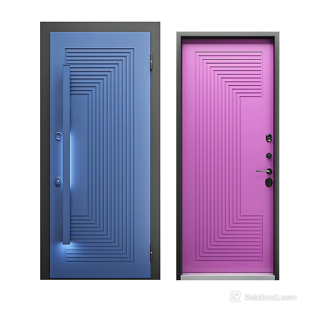 Modern Blue and Pink Hinged Doors with Geometric Lines Handles and Locks 3d model 