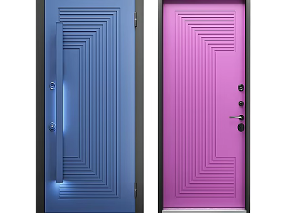 Modern Blue and Pink Hinged Doors with Geometric Lines Handles and Locks 3d model