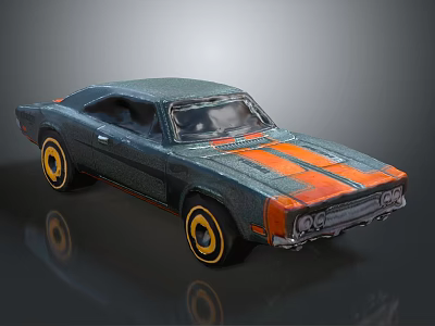 Vintage Gray Two Door Coupe With Orange Stripes And Yellow Rims 3d model