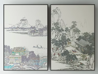 Traditional Chinese Landscape Paintings With Mountains Rivers Boats Trees And Pavilions 3d model