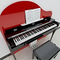 Black Piano With Music Sheet And Black Bench On Light Wooden Floor Red Background