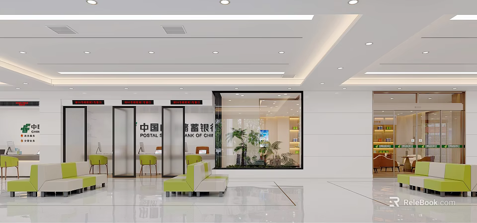 Modern Bank Interior With Green Sofas Glass Doors And Plants In Lobby 3d model 