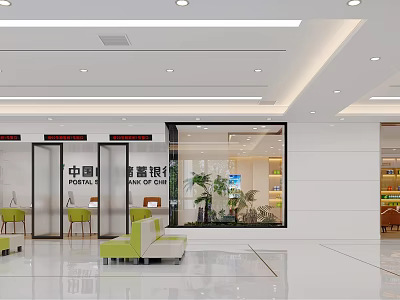 Modern Bank Interior With Green Sofas Glass Doors And Plants In Lobby 3d model