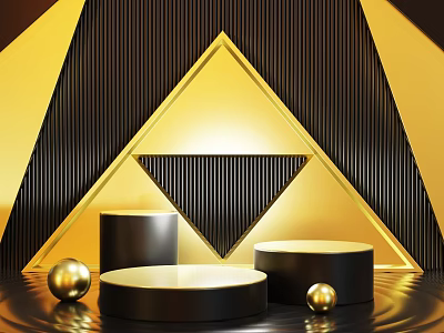 Black And Gold Geometric Display Pedestals With Striped Background Shiny Spheres For Luxury Product Showcase 3d model