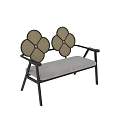 Two Seater Sofa With Black Metal Frame Floral Rattan Backrest And Light Gray Padded Seat