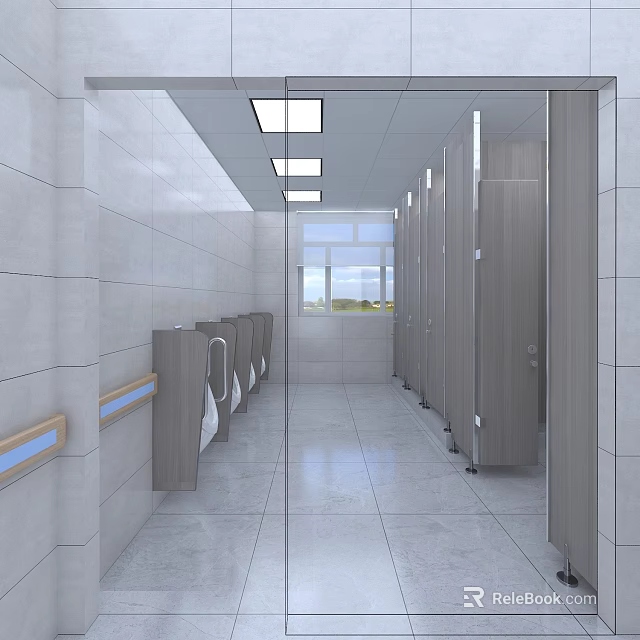 Modern Public Toilet Interior With Cubicles Washbasins Tiled Walls And Lighting 3d model 