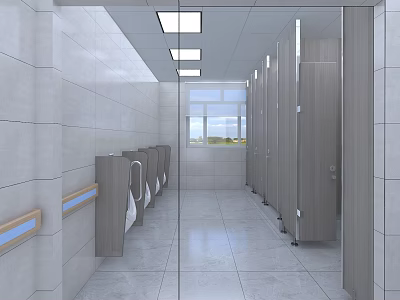 Modern Public Toilet Interior With Cubicles Washbasins Tiled Walls And Lighting 3d model