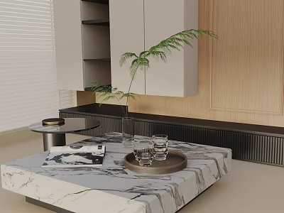 Modern Sofa Coffee Table Combination With Marble Top Side Table Green Plant Wooden Wall 3d model