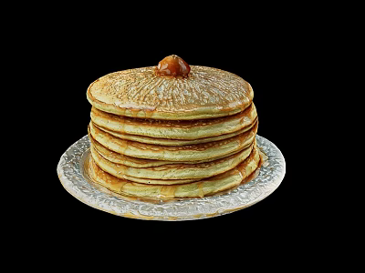 Fluffy Stack of Pancakes on Silver Decorative Plate With Caramel Topping and Syrup Drizzle 3d model