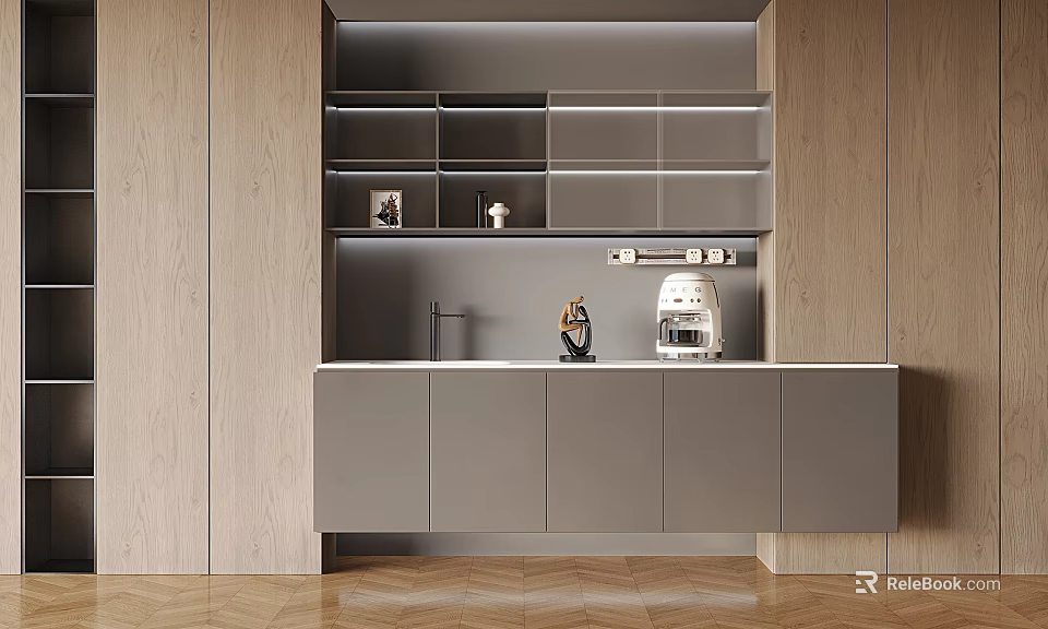 Gray Modern Kitchen Cabinets With Open Shelves White Countertop And Herringbone Wooden Floor 3d model 