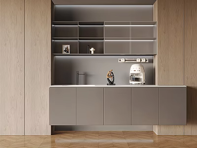 Gray Modern Kitchen Cabinets With Open Shelves White Countertop And Herringbone Wooden Floor 3d model