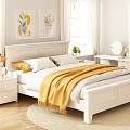 White Double Bed with Bedside Tables Lamp Yellow Blanket and Decorative Paintings in Minimalist Bedroom