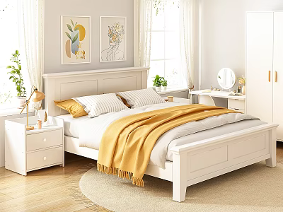 White Double Bed with Bedside Tables Lamp Yellow Blanket and Decorative Paintings in Minimalist Bedroom 3d model