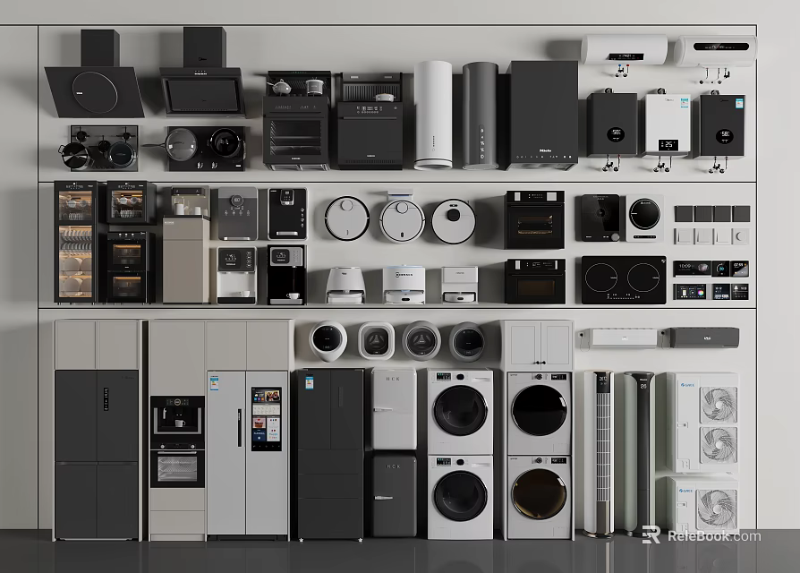 Various Home Appliances Including Refrigerators Washing Machines Air Conditioners and Kitchen Devices on Display Shelves 3d model 