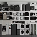 Various Home Appliances Including Refrigerators Washing Machines Air Conditioners and Kitchen Devices on Display Shelves