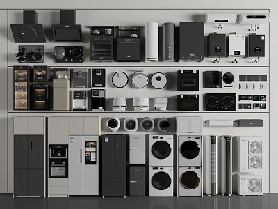 Various Home Appliances Including Refrigerators Washing Machines Air Conditioners and Kitchen Devices on Display Shelves 3d model
