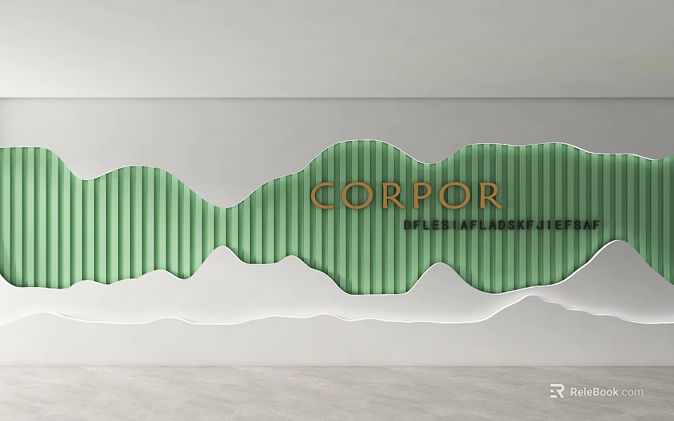 Green Wavy Background Wall with Ribbed Texture and Corporate Design Studio Lettering 3d model 