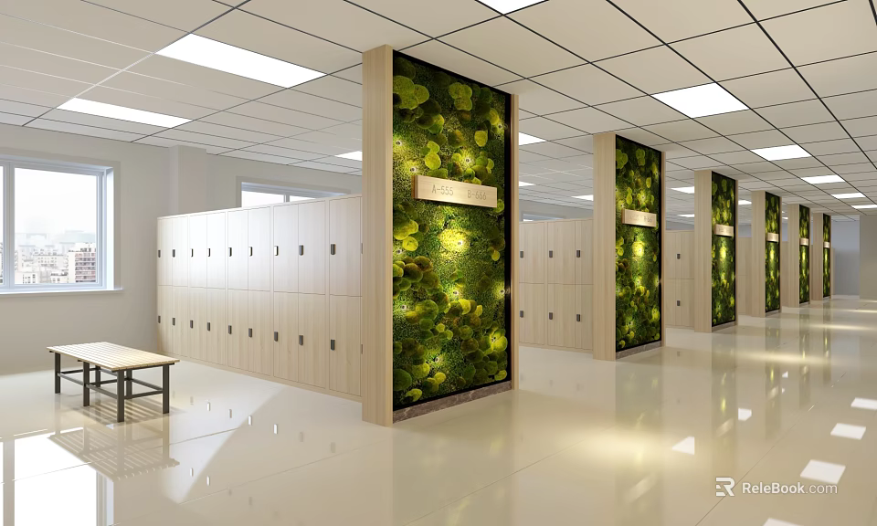 Indoor Space With Wooden Lockers Vertical Living Plant Walls White Ceiling And Bench 3d model 