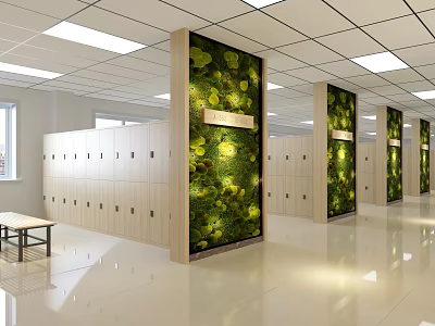 Indoor Space With Wooden Lockers Vertical Living Plant Walls White Ceiling And Bench 3d model