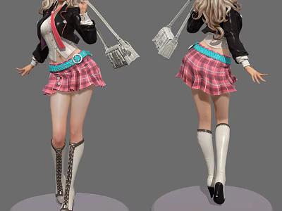Stylish Woman in School Uniform Style With Plaid Skirt Knee High Boots And Handbag 3d model