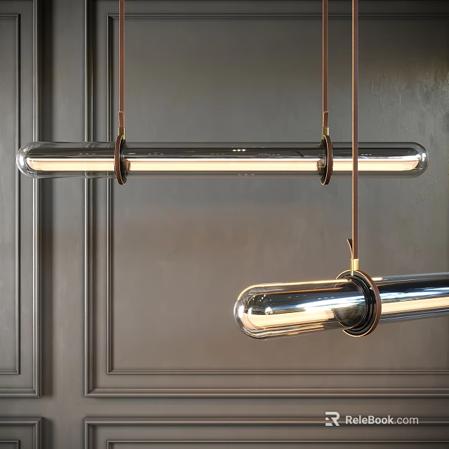 Modern Metallic Cylindrical Pendant Light Hanging With Glossy Surface Against Dark Wall Background 3d model 