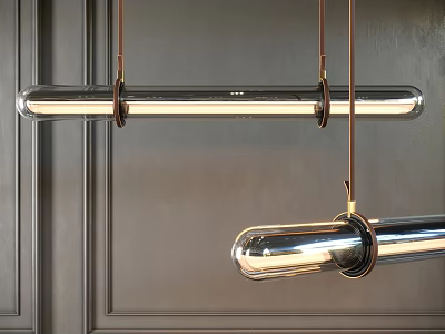 Modern Metallic Cylindrical Pendant Light Hanging With Glossy Surface Against Dark Wall Background 3d model
