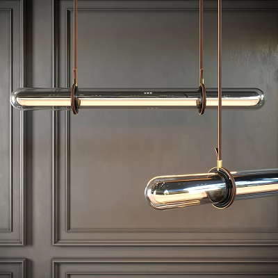 Modern Metallic Cylindrical Pendant Light Hanging With Glossy Surface Against Dark Wall Background 3d model