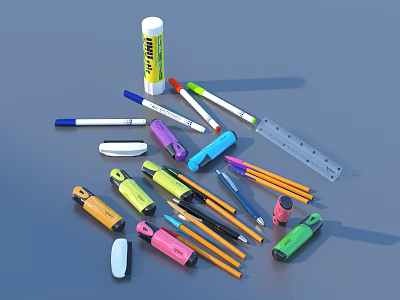 Colorful Daily Life Stationery Including Highlighters Pencils Ruler And Correction Fluid 3d model