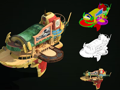 Vibrant Cartoon Scene Featuring Decorative Ship Design And Line Art Views 3d model