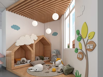 Kindergarten Playroom With Wooden Cottage Cloud Decorations Hanging Lights Leaf Wall Art And Plush Toys 3d model