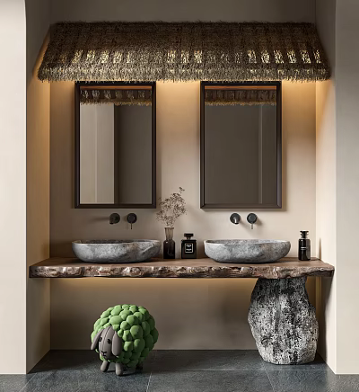 Modern Bathroom Vanity With Double Sinks Wooden Countertop Double Mirrors And Natural Decor 3d model