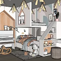 Kids Room Interior Design With Bunk Bed Stairs Piano Teddy Bear And Wall Decor