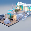 HAVAL Coffee Bar With Blue White Container Structure And Silver SUV Car Near Tower
