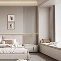 Modern Minimalist Bedroom With Beige Bed Upholstered Headboard Decorative Paintings Ceiling Light And Window Seat