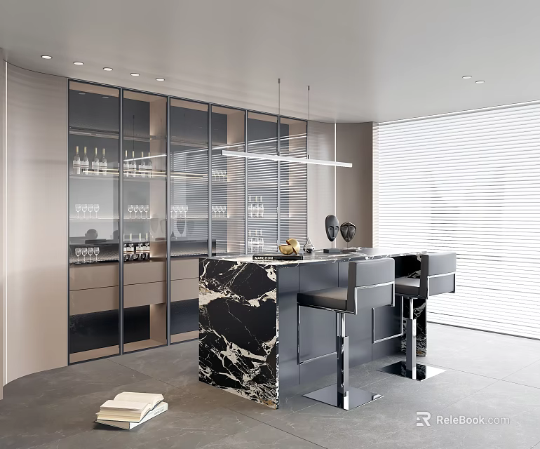 Modern Bar Area With Marble Countertop And Glass Wine Cabinets 3d model 
