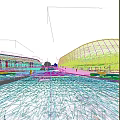 Modern Stadium Building With Curved Roof Glass Facade Green Lawn Trees And Outdoor People