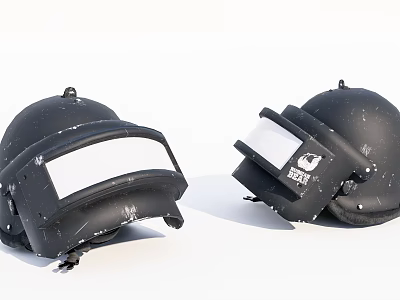 Two Black Helmets with Face Shields and Scratched Details on White Background 3d model