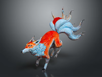 Vibrant Red And Blue Fox Sculpture With Large Tail In Running Pose 3d model