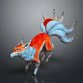 Vibrant Red And Blue Fox Sculpture With Large Tail In Running Pose 3d model