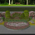 Roadside Traffic Island Landscaping With Trimmed Hedges And Colorful Flowers