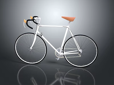 White Modern Road Bicycle With Black Handlebar Orange Saddle And Reflective Surface On Gray Background 3d model