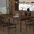 Modern Restaurant Interior With Long Wooden Dining Table Black Chairs And Open Kitchen 3d model