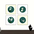 Framed Botanical Paintings Set of Four with Green Background and White Flowers for Wall Decor