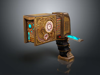 Steampunk Style Weapon With Golden Metal Casing Gears Dials And Blue Glowing Elements 3d model
