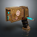 Steampunk Style Weapon With Golden Metal Casing Gears Dials And Blue Glowing Elements